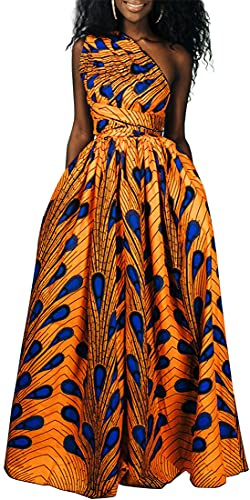 OLIPHEE Women's African Boho Dress Vintage Floor Length High Waist Multiway Bandage Dress Ethnic Costume S, Yellow Blue