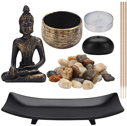 Belle Vous Budda Statua Candela e Porta Incenso per Bastoncini in Vassoio Giardino Zen - Pietra Naturali, Porta Candele e Mini Statua - Porta Candele da Tavolo per Regalo, Decorazioni Casa e Ufficio