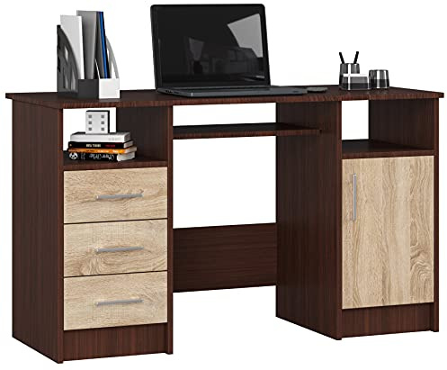 AKORD Schreibtisch ANA 124 cm | mit 1 Tür und 3 Schubladen | Office Desk | Computertisch | Bürotisch | PC-Schreibtisch | B124 x H74 x T52 cm | Gewicht 46,40 kg | Wenge/Sonoma Eiche