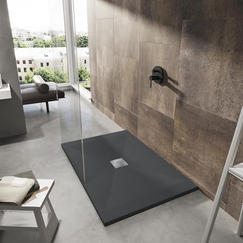 Piatto doccia nero in mineralmarmo, superficie ad effetto spacco ardesia, slim 2,5 cm, antiscivolo 80x120