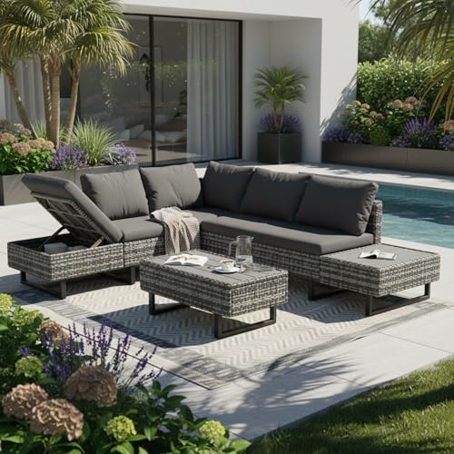 LTGB Rattan Garden Furniture Set, Mixed Grey Rattan Corner Sofa Set Industrial Style with Coffee Table Garden Furniture Set and Anti-UV Cushions Removable Covers【UK Fast Shippment】