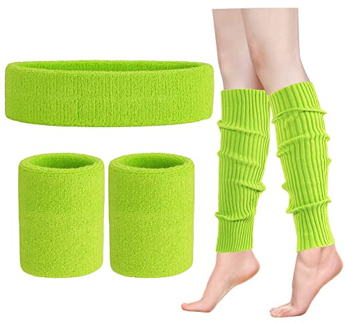 ONUPGO Set di scaldamuscoli da donna anni '80 in maglia al neon scaldamuscoli fascia braccialetti anni '80 costumi da allenamento accessori per le donne, Verde fluorescente, 20 cm