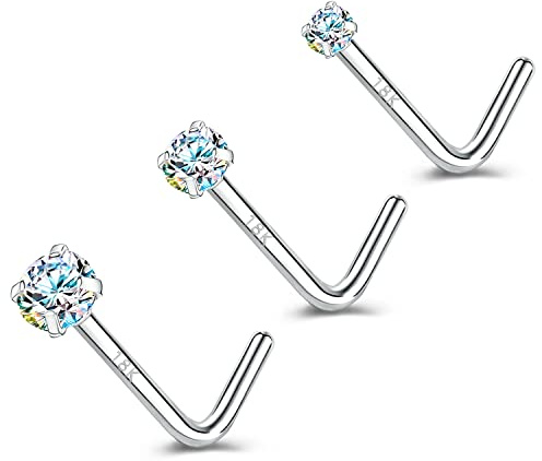 ZS 18K Oro Vero 20G Anelli al Naso per Donna Uomo, 1.5mm 2mm 3mm CZ Diamante Simulato, Solido 7mm Piercing Naso Gioielli per Il Corpo (Forma di L,AB Bianco)