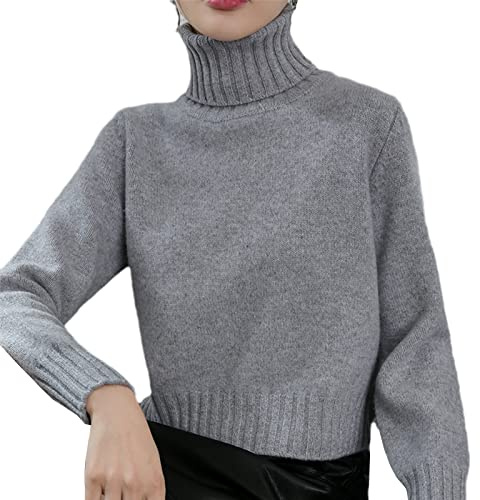 Kelsiop Maglione da donna in 100% lana cashmere, con collo dolcevita, pullover moda, caldo e morbido, grigio, S