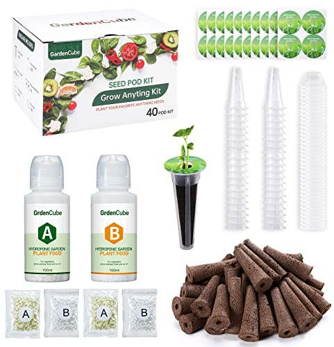 GARDENCUBE 166-teiliges Hydrokultur-Kapsel-Set: Grow Anything Kräuter-Kits – inklusive Wachstumsschwämmen, Wachstumskuppeln, Etiketten für A&B Pflanzennahrung – Hydrokulturzubehör für die meisten | 40 Schwämme, 40 Körbe, 40 Kuppeln, 40 Pod-Etiketten, 600 ml A&B-Nährstoffe, Pinzette, Zubehör für die meisten Marken