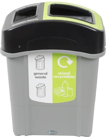 Glasdon Eco Nexus Duo 60L General Waste Mixed Recycling Bin 70/30 Split Lid | Indoor Recycling Container, 60 Litre Slim Office Recycling Bin, integral sack retention system, 5 year Manufacturer Warranty