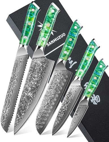 SANMUZUO Ensemble de couteaux de chef - Set de couteaux de cuisine de 5 pièces - Acier de Damas VG10 ultra-tranchant et manche en résine - Série Xuan(Vert Jade)