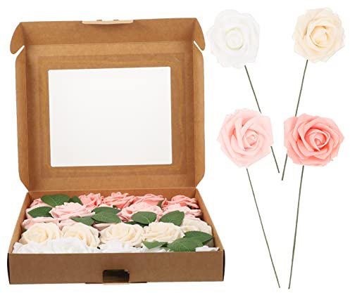 Warmhm 25stücke Künstliche Rosen in Box Pe Schaumstoff Blumen Mit Stängel Und Blättern in Rosa Und Weiß Für Hochzeitssträuße Und Dekorationen Bei Feiern