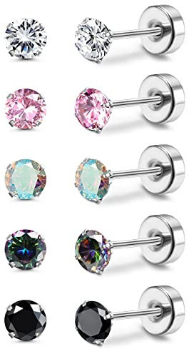 MILACOLATO Titanium Earrings for Women Men 5Pairs G23 Titanium Stud Earrings for Sensitive Ears Piercing Rainbow 5A Cubic Zirconia Studs Hypoallergenic 20G Flatback Piercing Cartilage Stud Set