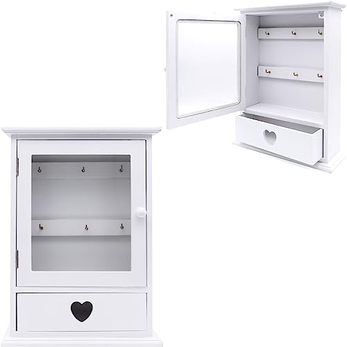 Maison Des Cadeaux Wandmontierter 6 Schlüsselhaken Halter Schrank Weiß Glasfenster Auto Haus Schlüssel Aufbewahrungsbox mit Schublade (US431)