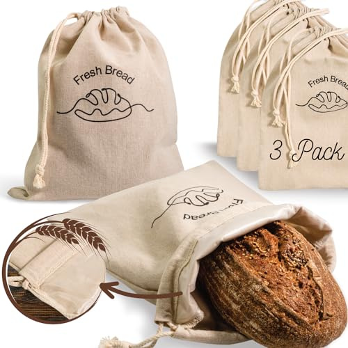 3-Pack Linen Bread Bags for Homemade Bread – Reusable Bread Storage Bags with Inner Lining – 12x15 Sourdough Bread Bags – Eco-Friendly Baking Supplies & Gifts for Home Bakers by Simply H&K