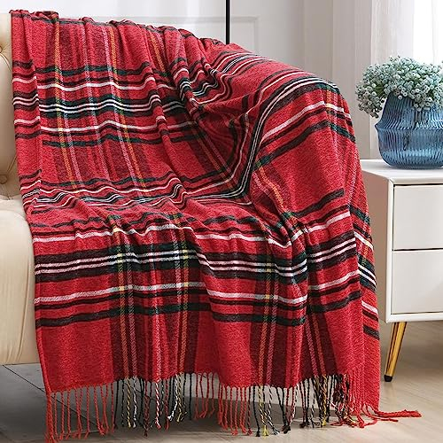 Jemsia Throw Blanket with Tassels for Sofa Bed Car Travel Cover,Cozy Warm Red Tartan Plaid Pattern Check Christmas Blanket Throws Home Decorative Blankets for Couch, Armchairs, 127 x 152cm