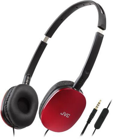 JVC HA-S160M-R Flats Foldable and Compact Headphones in Glossy Trendy Colour, with Switch for Microphone On/Off, Ideal for Teleworking and Online Seminars (Red)