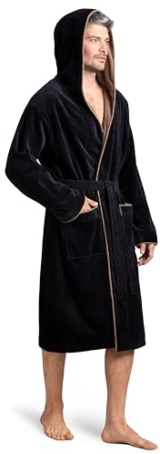 Twinzen Peignoir Homme Eponge Noir - 100% Coton Velours Premium OekoTex - Robe de Chambre Peignoir de Bain Homme Eponge Ultra Doux - Taille M