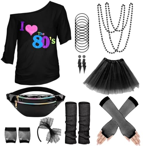 WILDPARTY 80-tals outfit damset, t-shirt, tyllkjol, midjeväska, pannband, örhängen, halsband, näthandskar, 80-tals kläder kostym neon tillbehör tema fest karneval kvinnor