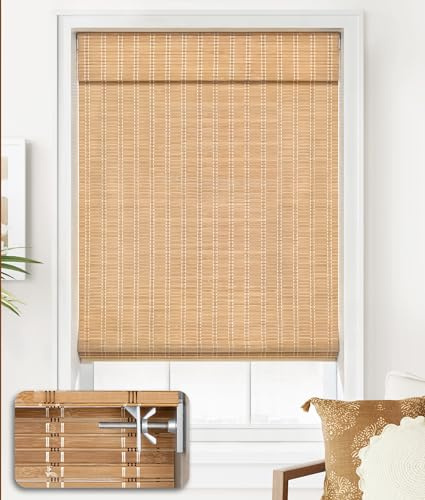 LazBlinds No Tools No Drill Cordless Bamboo Roman Shades, Light Filtering Window Treatment, Roll Up Bamboo Blinds for Window 34'' W x 64'' H, Brown