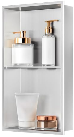 sunrik Nicchia Doccia Incasso,Nicchia da parete in acciaio inox,Ripiano Nicchia Mensole Bagno，Nicchie Bagno Doppio Strato 60x30x10cm,Colore nichel