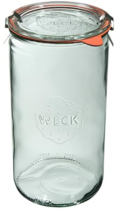 Weck Zylinderglas 1590 ml 6 Stück | Glas mit Deckel, Dichtung und 2 Verschlüssen | Zur Konservierung von Konfitüren, Säften, hermetischer Lagerung von trockenen Zutaten