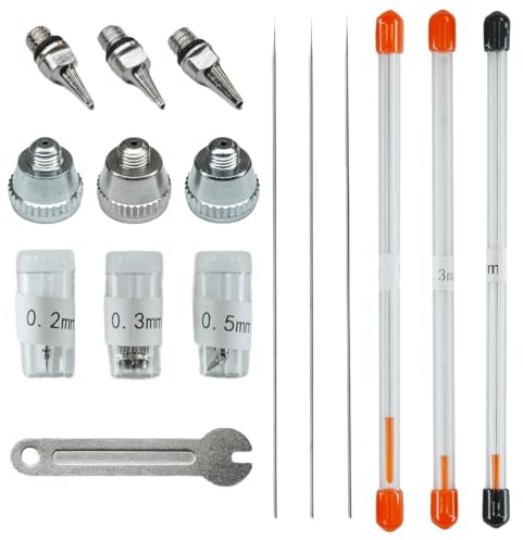 Selyse Airbrush Düse Nadel Kappe 0,2mm 0,3mm 0,5mm Ersatzteile mit Schraubenschlüssel für Luftbürste Spritzpistolen Kit - 7-teiliges Set für Airbrush Modellieren Lackieren