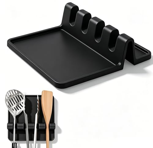 Vastsea Repose Cuillère Kitchen, Repose-Ustensiles en Silicone, Ensemble de Repose-Cuillère en Silicone, pour Outils de Cuisine, Cuillères, Porte-Cuillère pour Casserole, Spatule (Noir)
