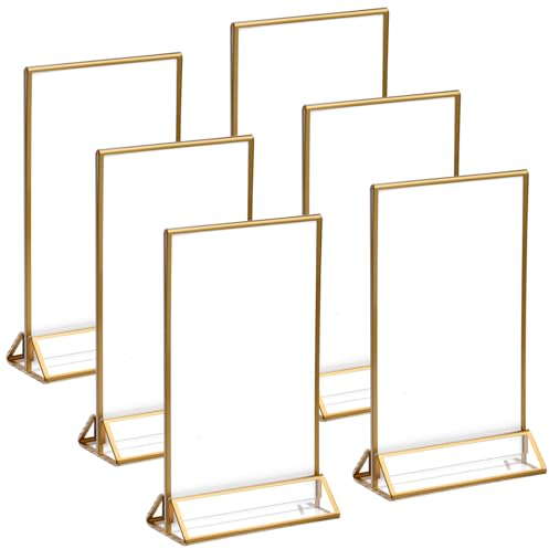 Elitecran 6 Pack Acrylic Sign Holder with Gold Border, Double Sided Clear Table Menu Display Stand, T Shaped Vertical Poster Menu Holder, Plastic Sign Frame for Wedding Office Store Restaurant