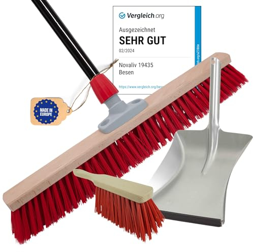 Novaliv Straßenbesen mit Stiel 80 cm Elaston Borsten inkl. Kehrgarnitur verzinkt bestehend aus Kehrblech und Handfeger Ideal als Gartenbesen Terassenbesen Hofbesen Stallbesen Kehrbesen Outdoor Broom