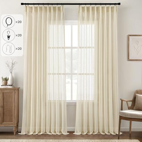 MIULEE 2 Pièce Voilages Rideaux Plissés avec Crochets pour Système de Rail,Draperie Effet Lin Transparent avec Attaches Arrière,Voile Intérieur Fenêtre Chambre Salon Maison Bureau,132X260CM,Lin Beige