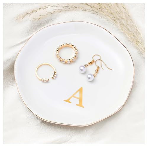 ProCase Plateau Bijoux Céramique Personnalisé A-Z, Vide Poche Décoratif, pour Range Bijoux Clé Accessoire, N’importe Où -Blanc, A