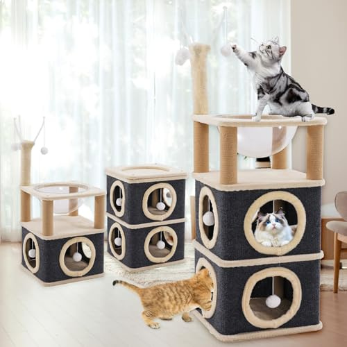 Three Layer Cat House, Cat Cave with 4 Scratching Posts, Stable Cat Tree Climbing Tower with Space Capsule Bed and Fluffy Ball, Small Cats Condo Play House for Kitten