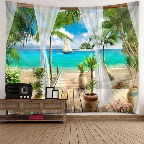 Musihy Strand Wandbehang Wandteppich, Wandteppich Natur Groß Braune grüne Palme Meer Landschaft Wandteppich für Wohnzimmer, Zuhause, Zimmer, Wanddekoration | 240x220cm