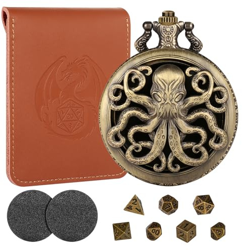 Mini DND Würfel Set, Steampunk Bronze Hohles Oktopus Taschenuhrgehäuse, 7-teiliges Polyedrisches Metall, D&D Würfel Set, DND Geschenke mit Lederbeutel, Rollenspiel-Brettspiel Zubehör Würfel