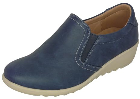 Cushion Walk EEE Wide Fit Women's Low Wedge Shoes, Black, Navy or Beige Faux Leather, Elastic Side Panels, Massage Insock – Casual or Office Comfort Footwear (8 UK, Navy Blue)