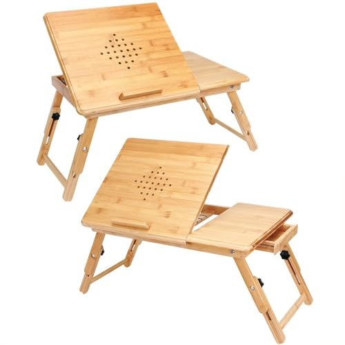 CASARIA® 2X Mesas para Ordenador Portátil Plegable Mesas Auxiliares Cama Sofá de Bambú Ajustable Bandeja Desayuno