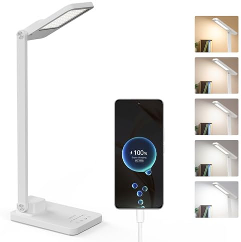 LENDOO Lampe de Bureau, Lampe de Table LED Rechargeable & Dimmable 5 Modes de Couleur 5 Niveaux de Luminosité, Pliable, 2000Mah Batterie + Port USB pour Enfants, Étude, Travail de Bureau