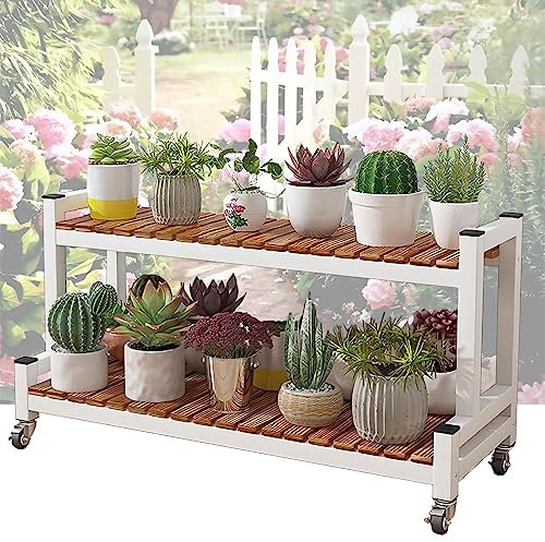 AKNGFO Pflanzen-Präsentationsregal, Pflanzen-Präsentationsregal, 2-stufiges 3-stufiges Leiterregal, Blumenständer auf Rollen mit Bremse, Indoor-Outdoor-Gartentopf-Präsentationsregal,