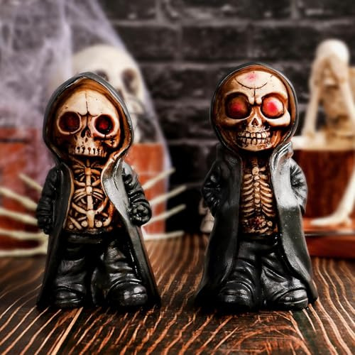 Syfunlv 2 Stück Kleine Skelett Figuren, Harz Skelett Skulpturen, Gothic Deko Mini Skelettfiguren, Halloween Dekoration für Zuhause, Büro und Schreibtisch