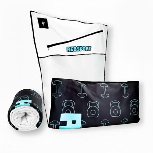 Rebsport Set composto da Asciugamano Palestra Uomo con Tasca Porta Oggetti e Magnete + Asciugamano Doccia utilizzabile come Telo Doccia o Telo Mare, Asciugamano Palestra Donna Fitness per Panca