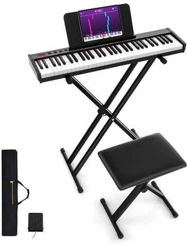 DREAMADE 61 Tasten Keyboard Klavier, Piano Keyboard mit Ständer & Hocker, 61-digitales Klavier-Set mit halbgewichteten Tasten, drahtlose MIDI-Audio-Funktion, Notenständer, Sustain-Pedal, Schwarz