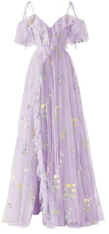 YIANN Robe de soirée formelle en tulle avec broderie florale et bretelles spaghetti et col en V pour femme, lilas, 60 Grande taille
