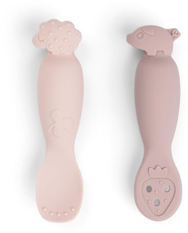 Done by Deer Lernlöffel-Set Tiny Farm Rosa/Powder, Silikon - Starter Breilöffel Fütterlöffel Baby Selbst Essen, Esslernbesteck ab 4 Monaten - Kinderlöffel Baby LED Weaning (BLW) Zubehör