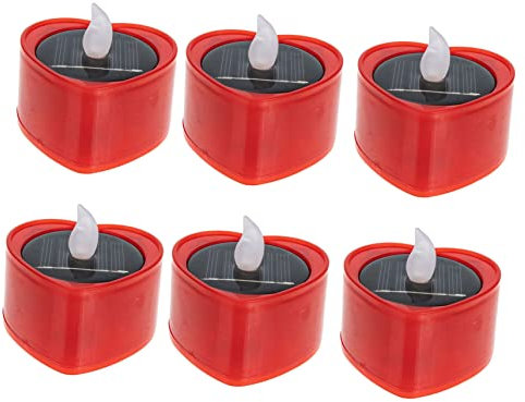 BESPORTBLE 6pcs Solar Tea Lights Led Candle Lamps Outdoor Waterproof Flameless Warm White and Yellow Flicker Heart-Shaped Red Design for Garden Decoration