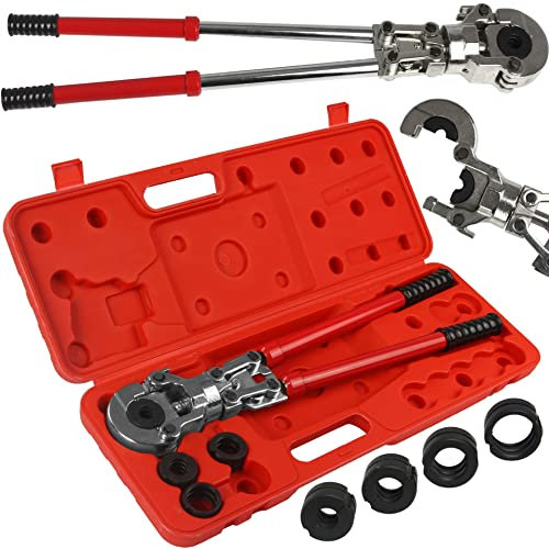 Crimpatrice Manuale per Tubi PEX | 4 Matrici a U 16, 20, 25, 32 mm | Forza 6T | Testa Girevole a 360° | Lunghezza Regolabile | con Valigetta