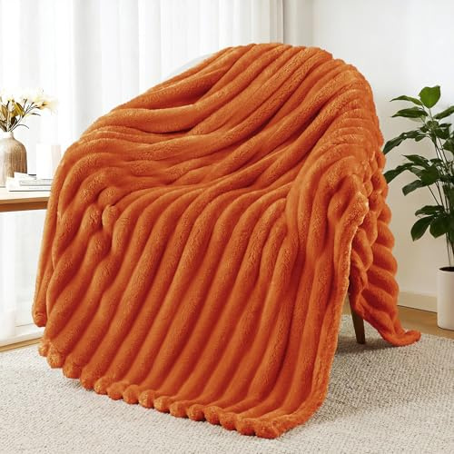Exclusivo Mezcla Fleece Throw Blanket for Sofa, Super Soft Striped Jacquard Bed Blanket, Lightweight Fuzzy Cozy for All Seasons, 127x152 CM, Burnt Orange
