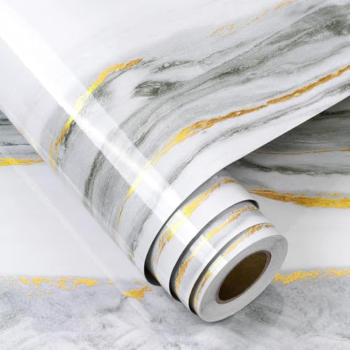 FunStick Papel Adhesivo para Muebles Cocina Oro Blanco Vinilo Adhesivo Encimera Baño Papel Adhesivo Marmol Blanco Gris Brillo Revestimiento Encimera Cocina Vinilo Adhesivo Muebles Mesa Oro 40CMx2M
