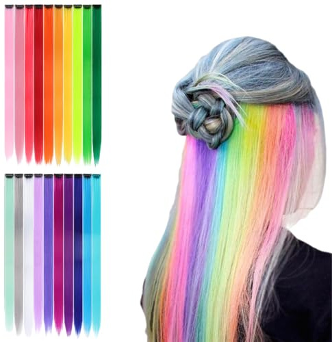 OUDQFCJ 20 Extensions de Cheveux Colorées Résistantes à la Chaleur pour Femmes, Filles, Enfants, Décoration de Fête et Festival (55 cm) (Multicolore)