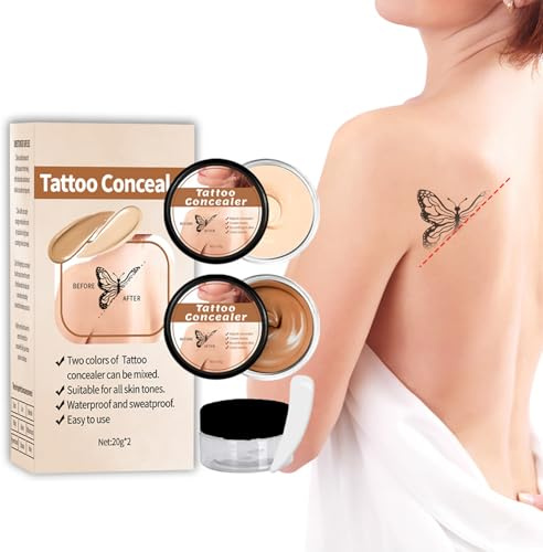 Tattoo Cover Up, Waterproof Tattoo Cover Up Makeup with Full Coverage, Body Makeup Concealer Set for Men and Women, Spot Covering Birthmark Tattoo Concealer for Scars, Dark Spots and Vitiligo (2pcs)