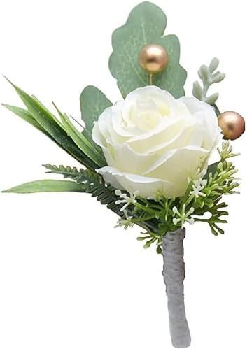 Dwang Roses Boutonniere for Men Wedding, Groom Groomsman Artificial White Rose Flowers with pins for Wedding Anniversary Celebration,Prom,Party,Home Decoration