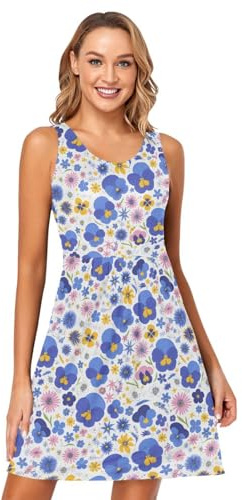The Garden Tricolor Pansy Flower Women T-Shirt Dress Fashion A-Line Holiday Sundress Crewneck, The Garden Tricolor Pansy Flower, S