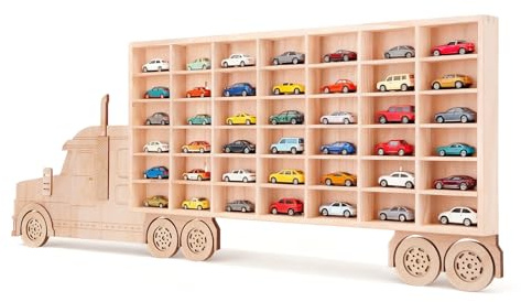 Essenhome 3D Wooden Toy Cars Display, Wall-Mounted for 42 Toy Cars, 1/64 Scale Model Car Organizer with Unique Patchwork Design
