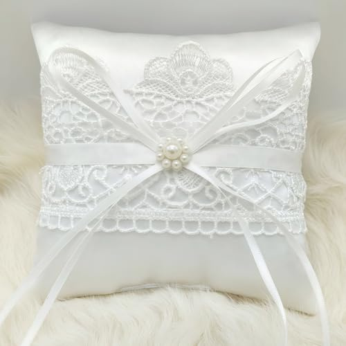 MxSplorion Ringkissen Hochzeit, Spitze Traukissen Ehering Kissen mit Elfenbeinperlen, für Verlobung Oder Eheringe Strandhochzeitsfeier Zeremonie, Hochzeitsdekoration Accessoires 15x15cm